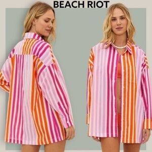 Beach Riot Top Alexa Top in L/XL Pink Vertical Stripes Bitton Up NWT